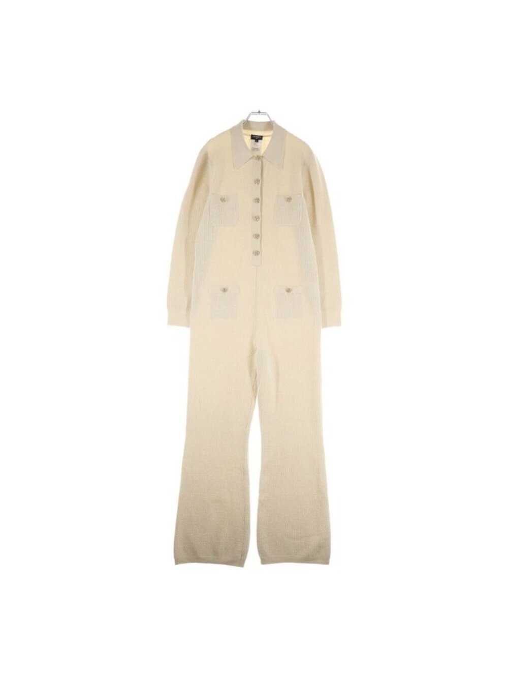 Chanel CC Crystal Button Jumpsuit CC Logo Decorated Viscose Cashmere Beige